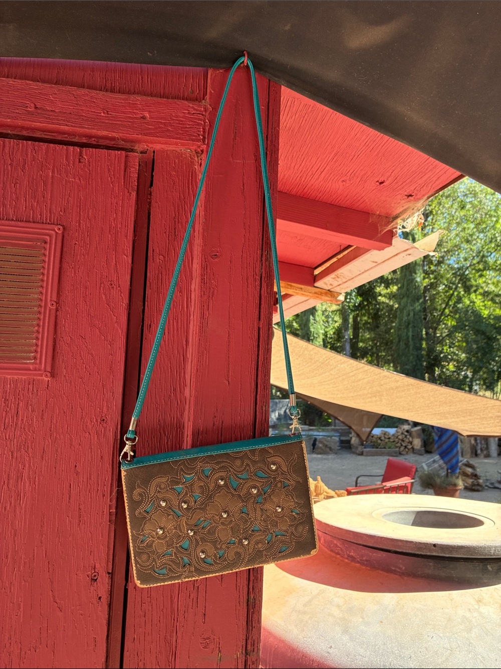 Brown Leather Shoulder Bag with Teal Accents - Picture 5 of 6